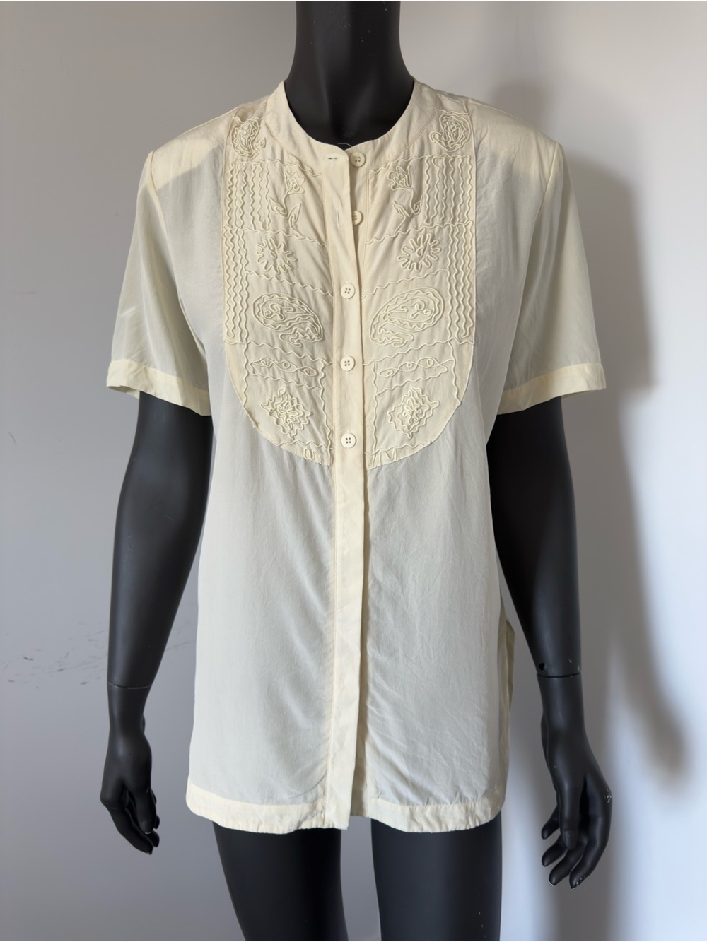 244. Italian Silk Cream Embroidered Short Sleeve Button-Up Blouse